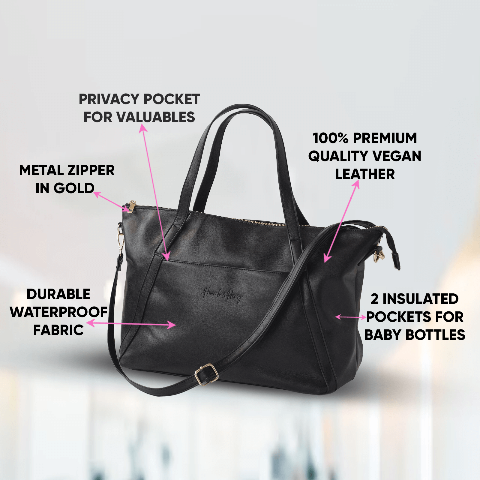 Catherine Nappy Tote | Black - Nappy Bag by Hannah and Henry